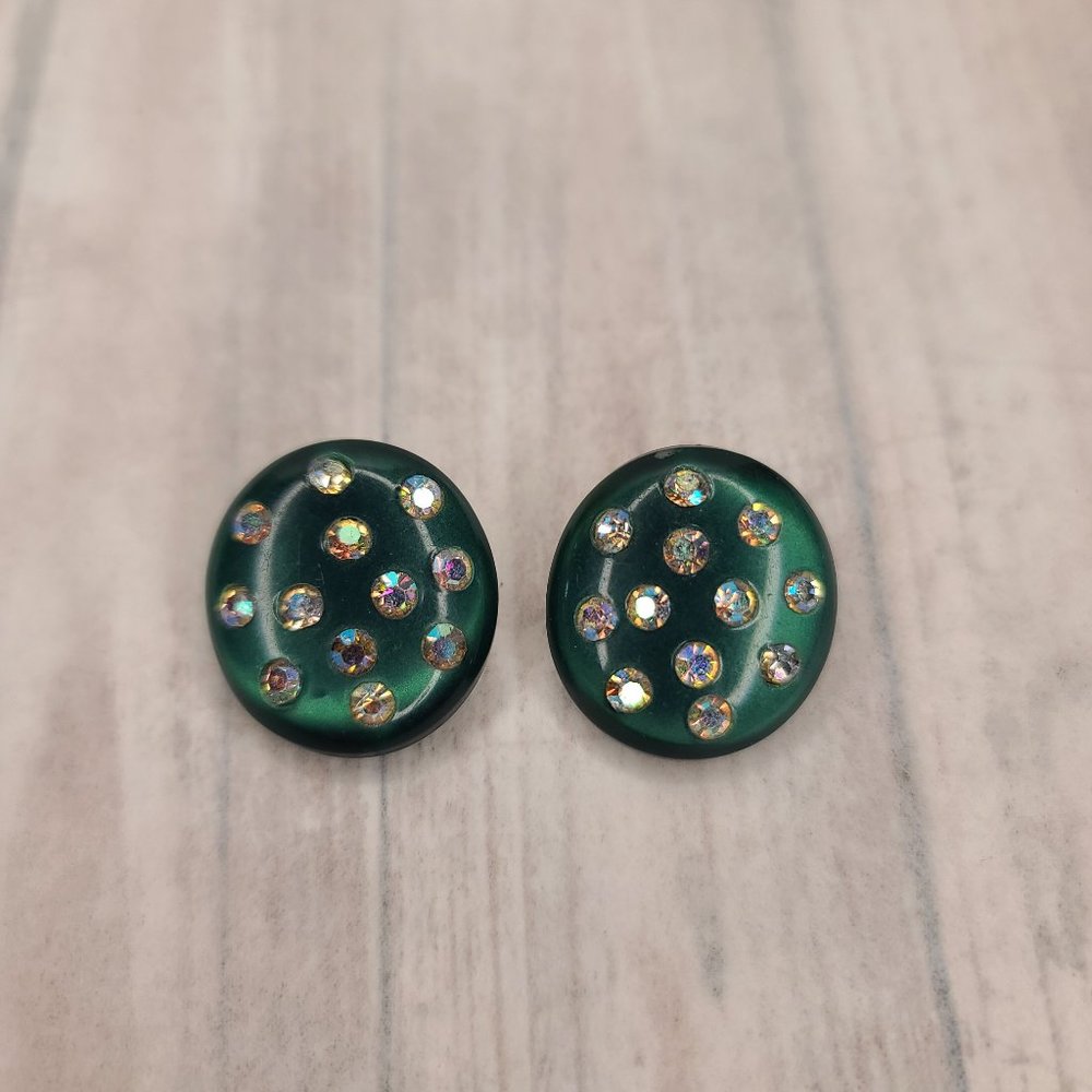 Moonglow Lucite Emerald Green Earrings with AB Crystals. Vintage Pinup Retro
